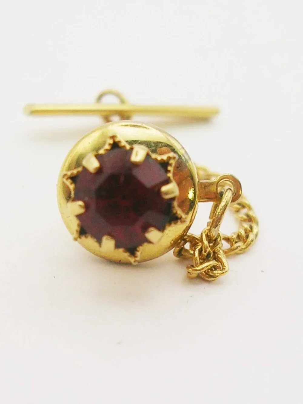Vintage Tie Tack Pin with Chain Red Rhinestone gold tone Prong Setting